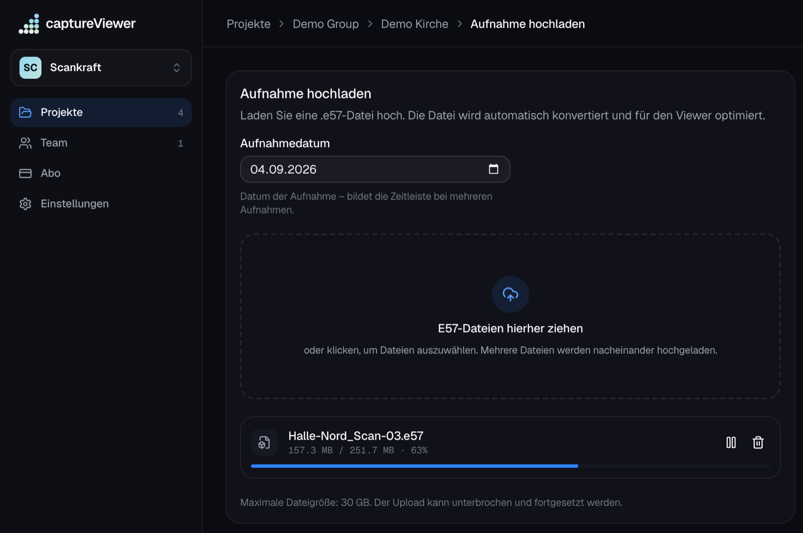 E57-Upload im captureViewer Admin mit Fortschrittsanzeige
